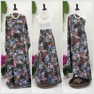 Khaki Red Blue Tropical Foliage MAXI SARONG Kīkepa Pareo Beach Wrap Skirt